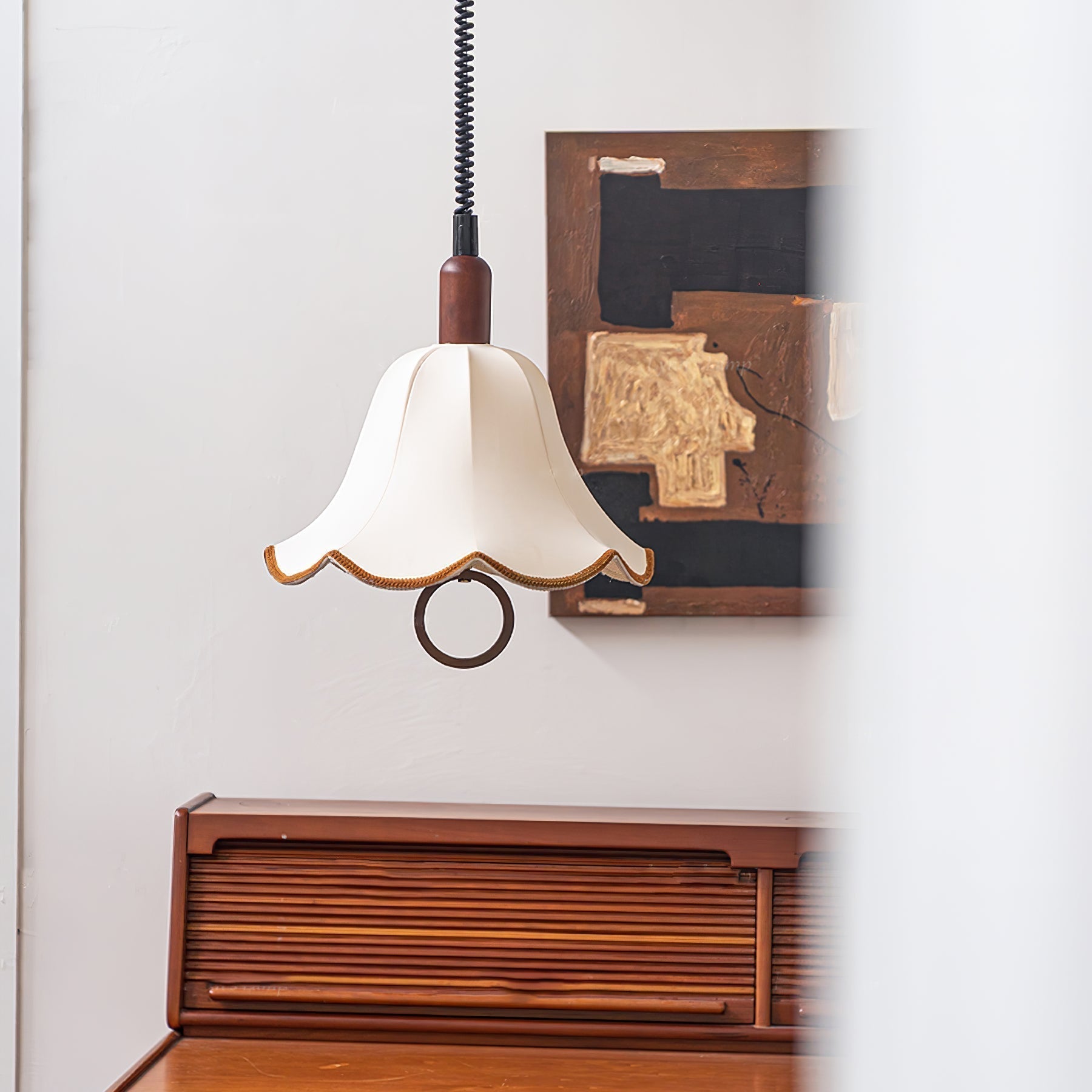Eryn Mid Century Modern Beige Fabric Pendant Light with Walnut Wood Frame Hanging Ceiling Lamp