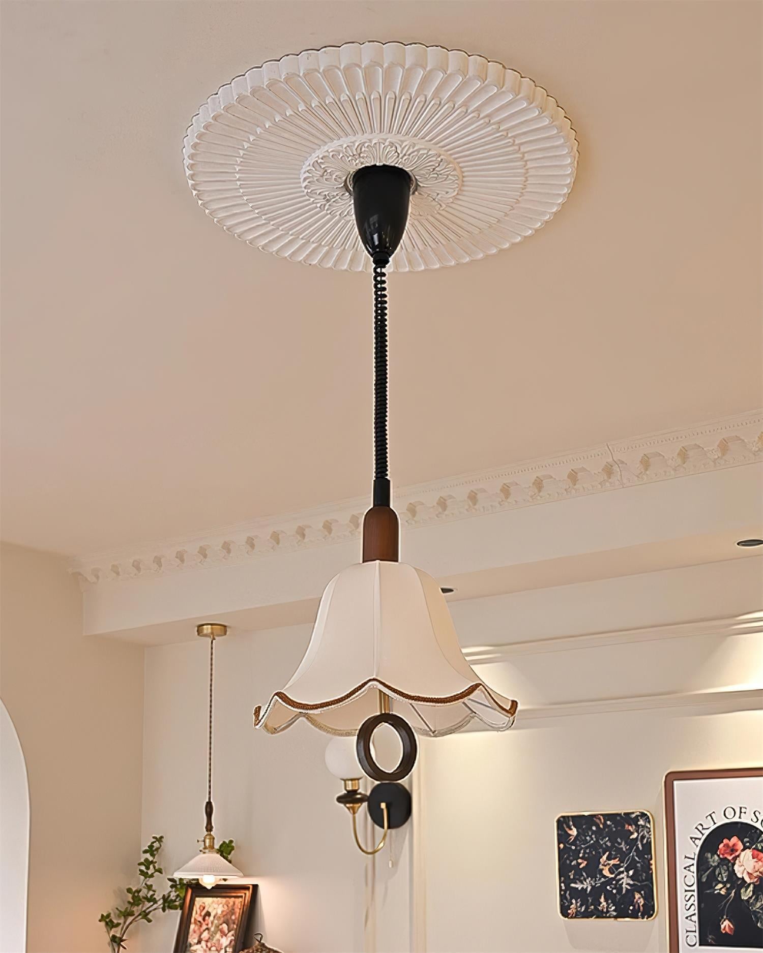Eryn Mid Century Modern Beige Fabric Pendant Light with Walnut Wood Frame Hanging Ceiling Lamp