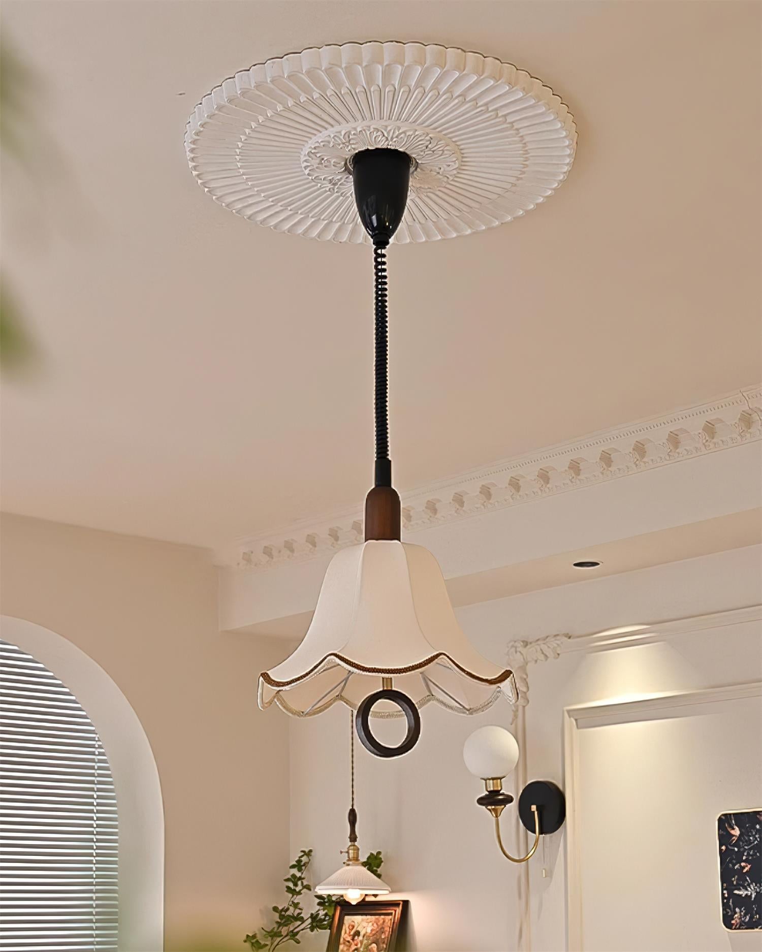 Eryn Mid Century Modern Beige Fabric Pendant Light with Walnut Wood Frame Hanging Ceiling Lamp
