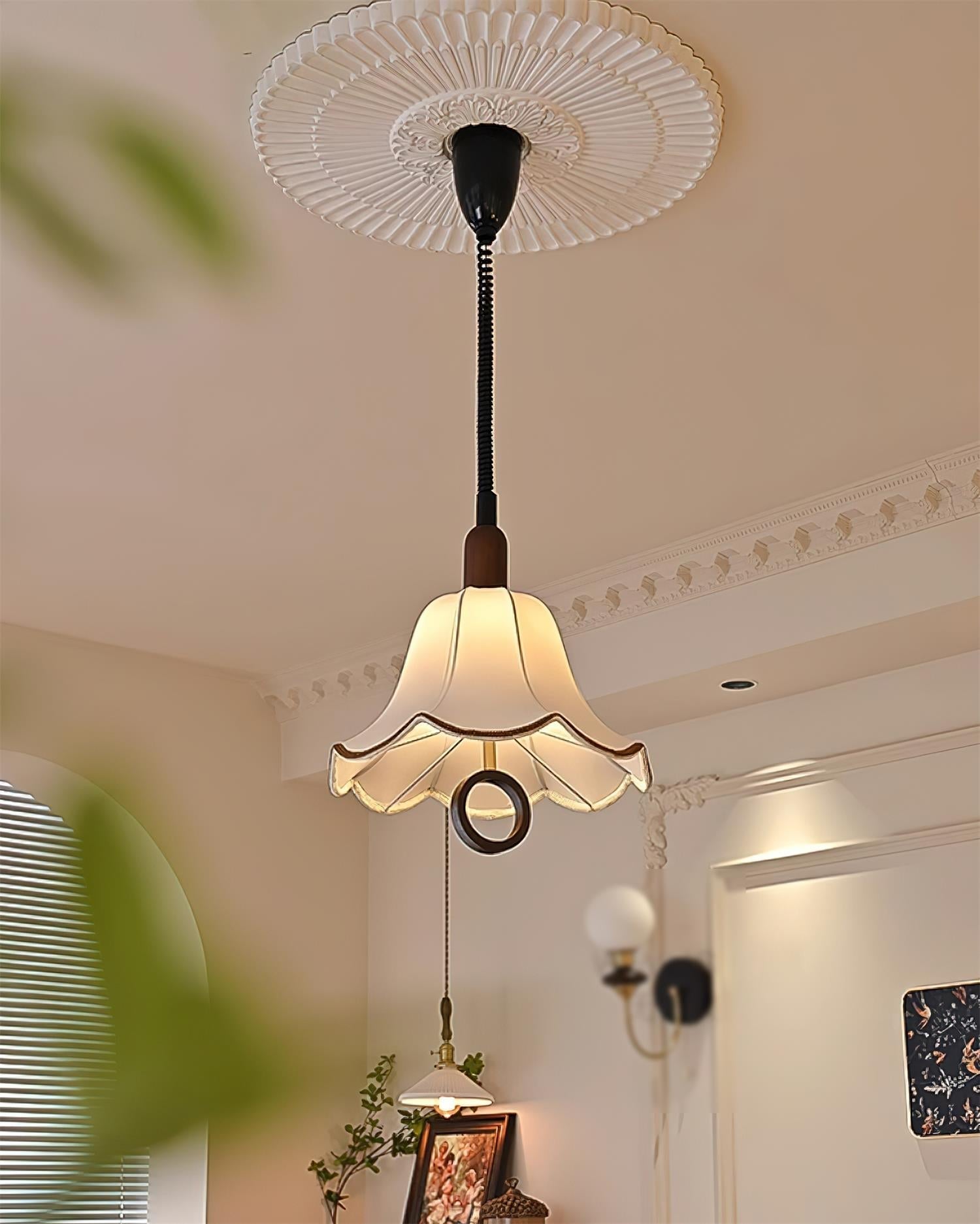 Eryn Mid Century Modern Beige Fabric Pendant Light with Walnut Wood Frame Hanging Ceiling Lamp