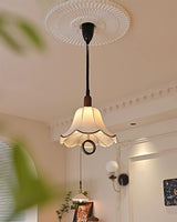 Eryn Mid Century Modern Beige Fabric Pendant Light with Walnut Wood Frame Hanging Ceiling Lamp
