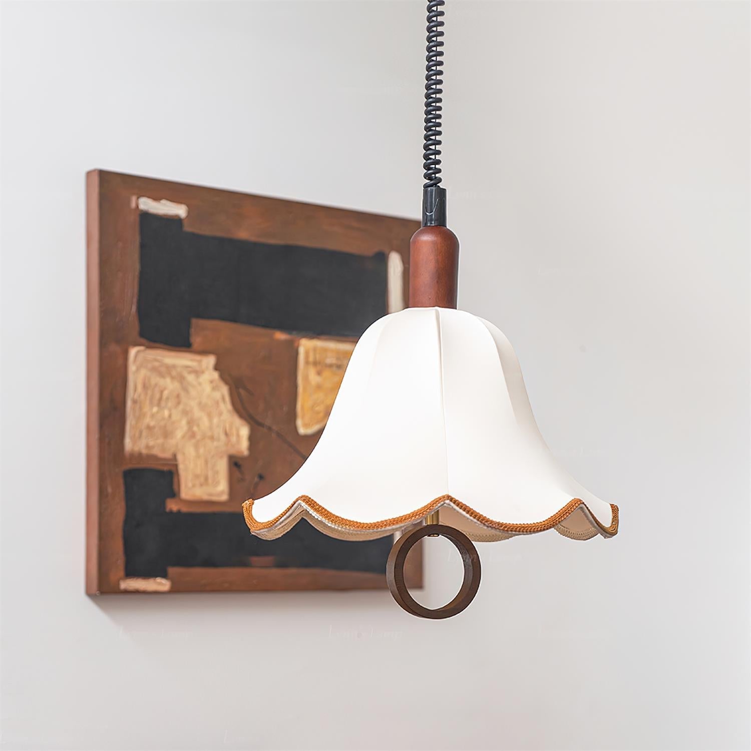 Eryn Mid Century Modern Beige Fabric Pendant Light with Walnut Wood Frame Hanging Ceiling Lamp