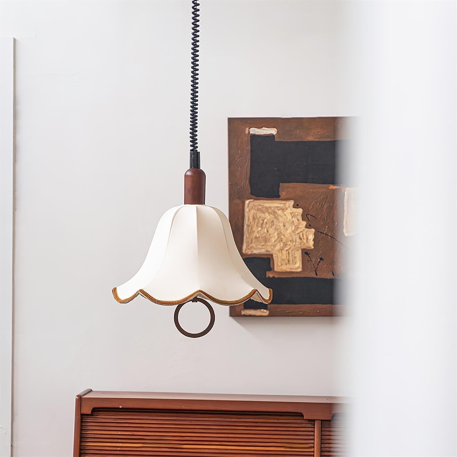 Eryn Mid Century Modern Beige Fabric Pendant Light with Walnut Wood Frame Hanging Ceiling Lamp