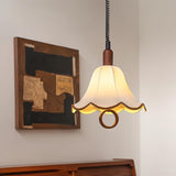 Eryn Mid Century Modern Beige Fabric Pendant Light with Walnut Wood Frame Hanging Ceiling Lamp