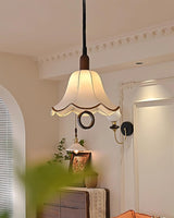 Eryn Mid Century Modern Beige Fabric Pendant Light with Walnut Wood Frame Hanging Ceiling Lamp