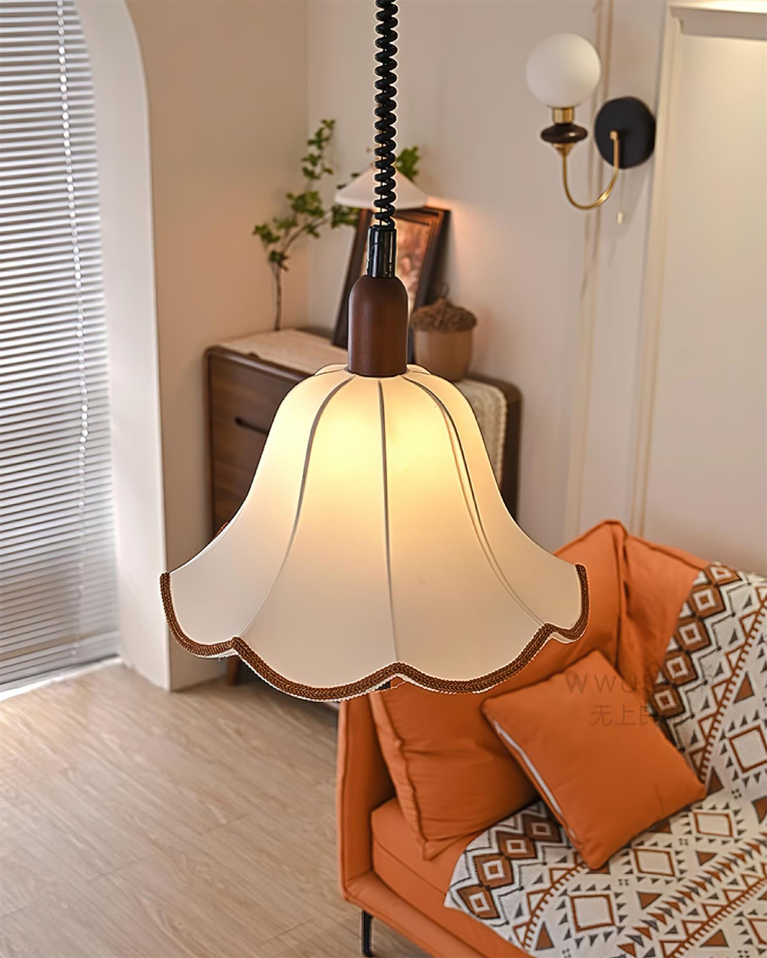 Eryn Mid Century Modern Beige Fabric Pendant Light with Walnut Wood Frame Hanging Ceiling Lamp