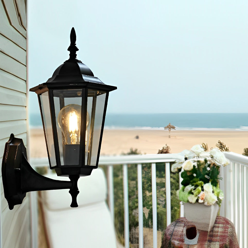 European Retro Hexagonal Outdoor Wall Light Waterproof Exterior Sconce in Aluminum and Glass