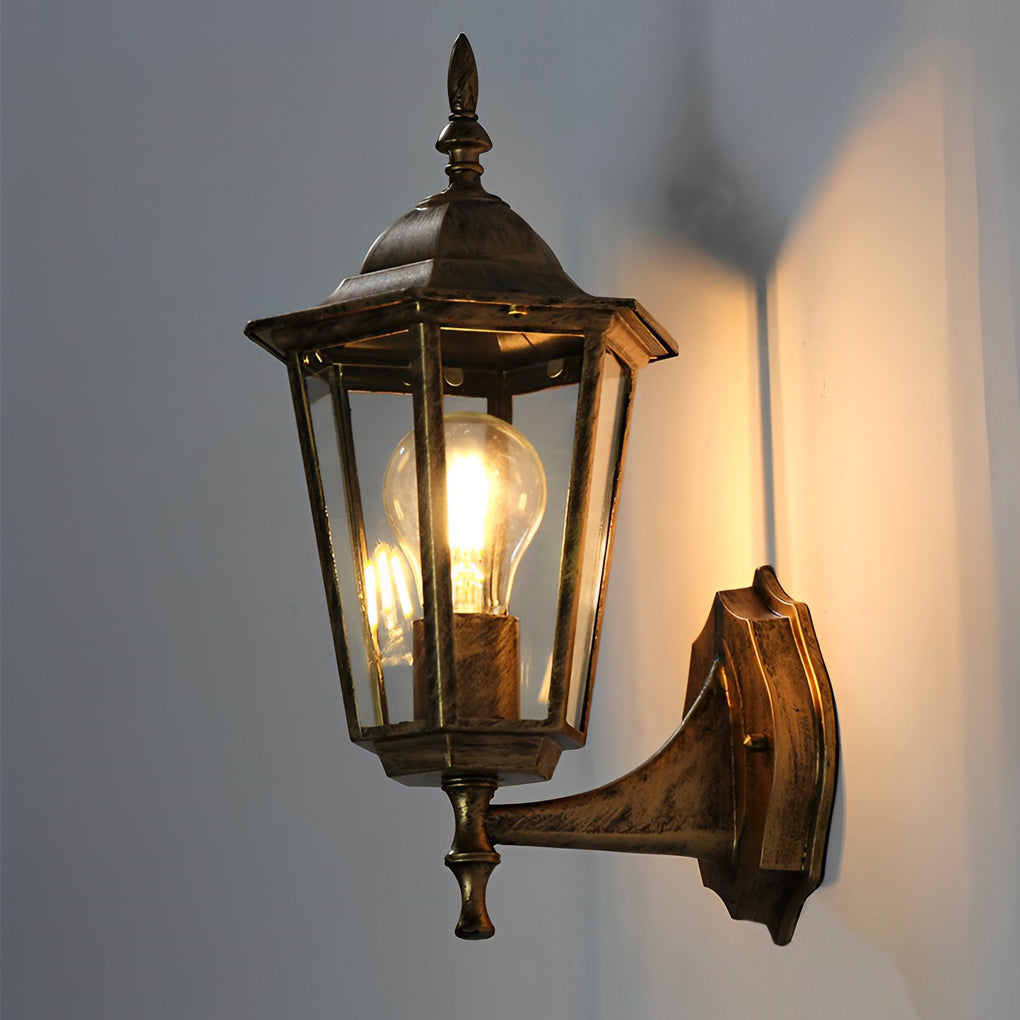 European Retro Hexagonal Outdoor Wall Light Waterproof Exterior Sconce in Aluminum and Glass