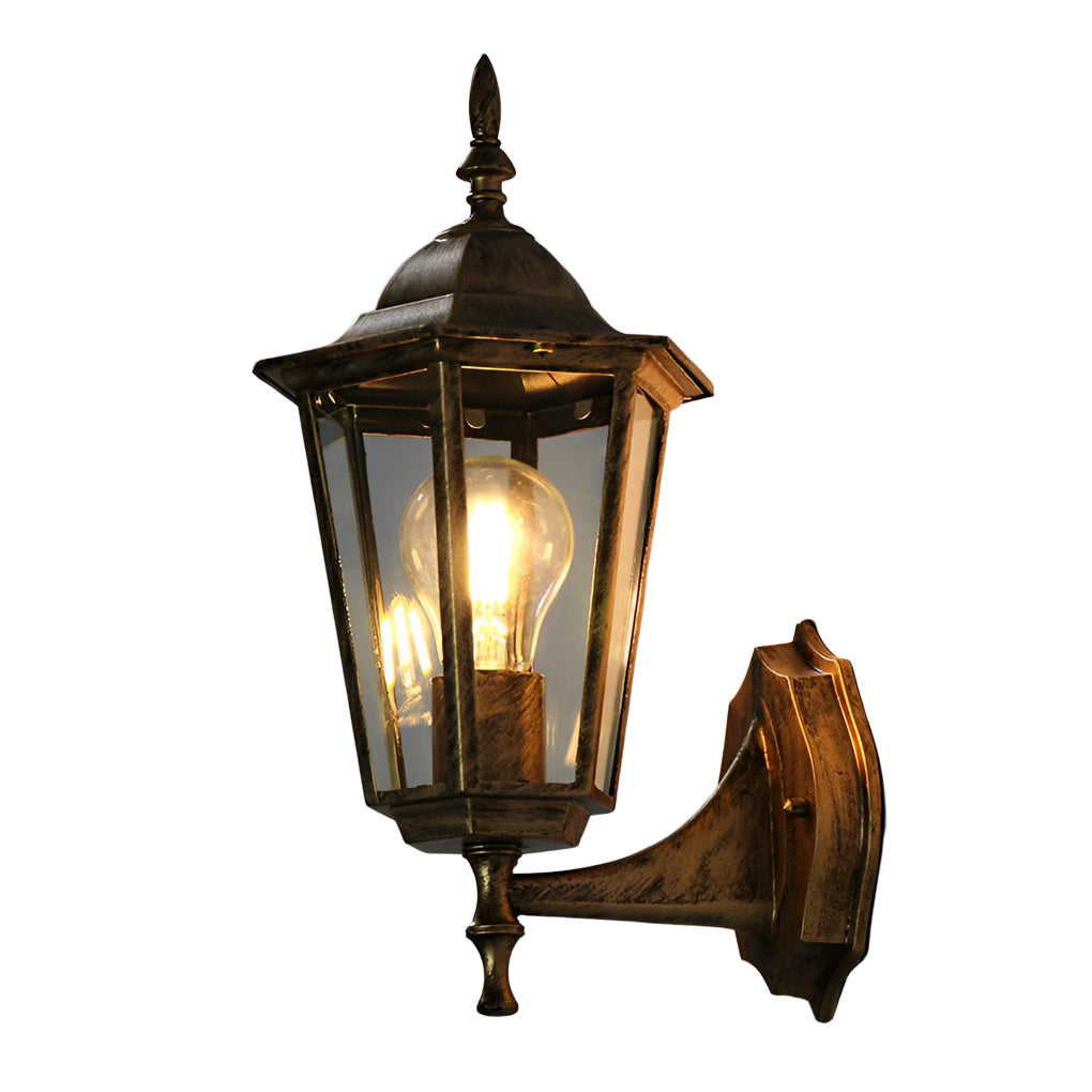European Retro Hexagonal Outdoor Wall Light Waterproof Exterior Sconce in Aluminum and Glass