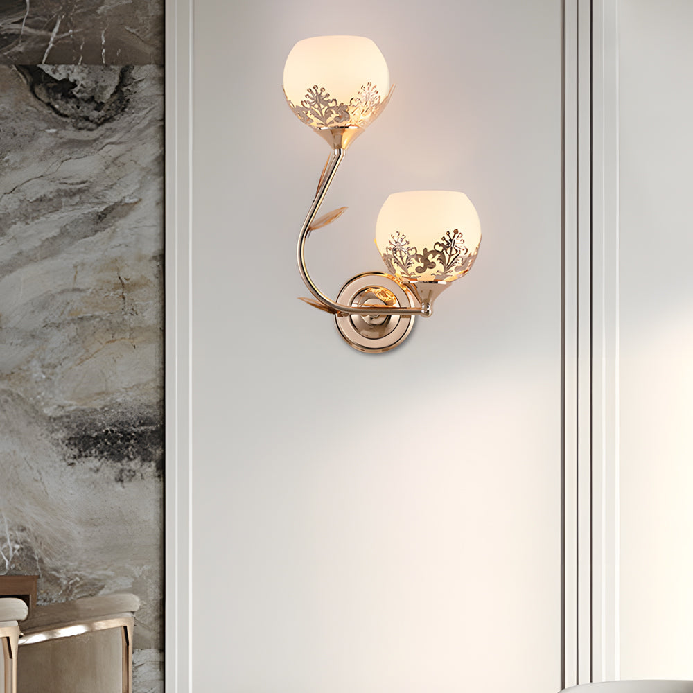 European Style 2 Light Glass Flower Wall Sconce Retro Interior Wall Lamp in Gold or Silver