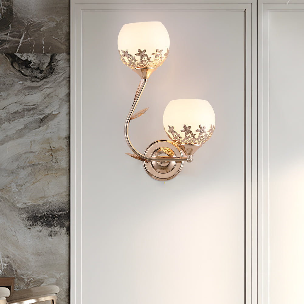 European Style 2 Light Glass Flower Wall Sconce Retro Interior Wall Lamp in Gold or Silver