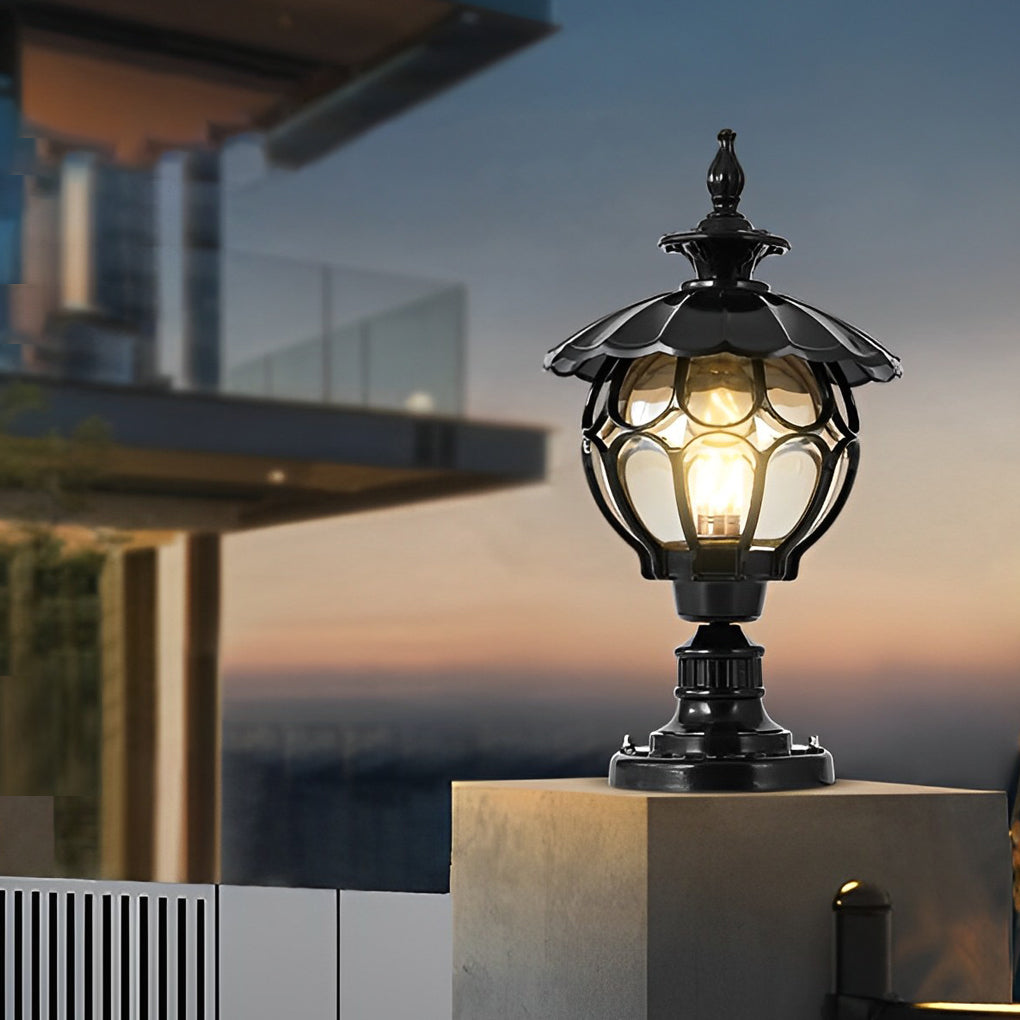 European Style Cognac Glass Flower Ball Pillar Lamp Waterproof Outdoor Post Light