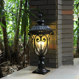 European Style Outdoor Pillar Lamp with Bubble Glass Shade Waterproof Black Aluminum Post Light