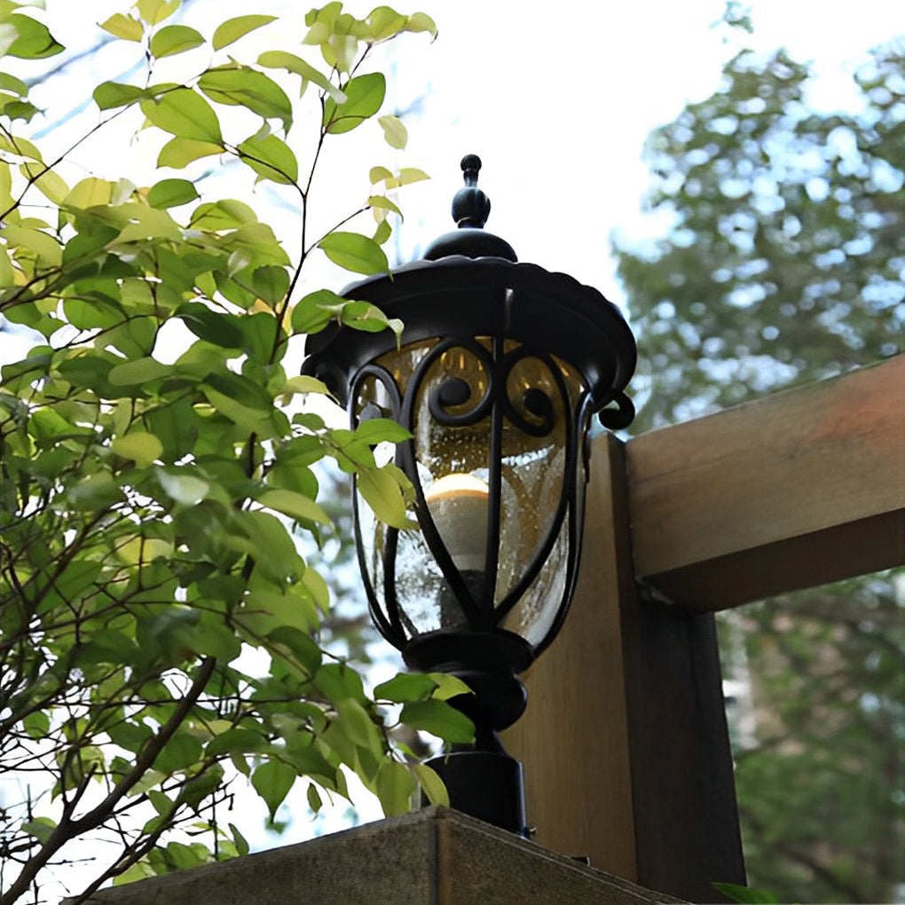 European Style Outdoor Pillar Lamp with Bubble Glass Shade Waterproof Black Aluminum Post Light