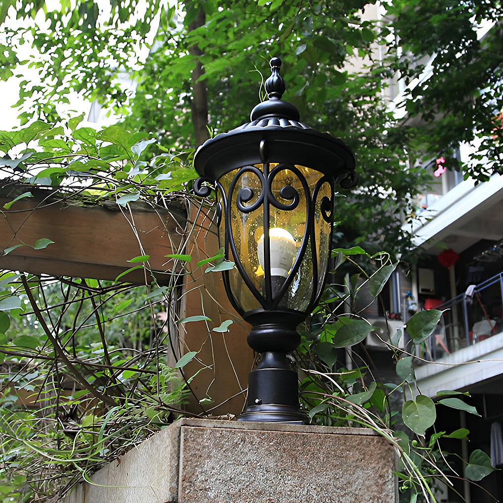 European Style Outdoor Pillar Lamp with Bubble Glass Shade Waterproof Black Aluminum Post Light