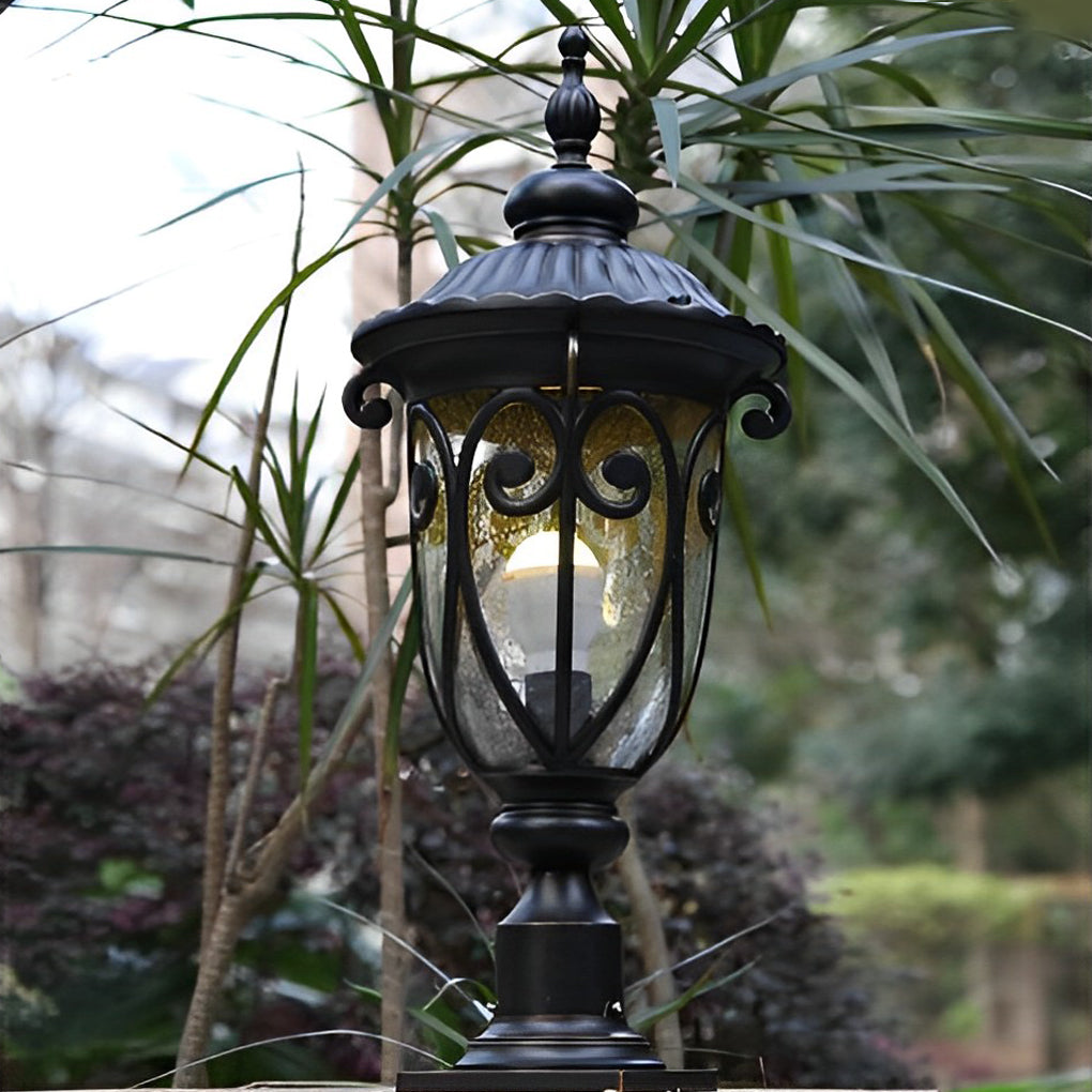 European Style Outdoor Pillar Lamp with Bubble Glass Shade Waterproof Black Aluminum Post Light