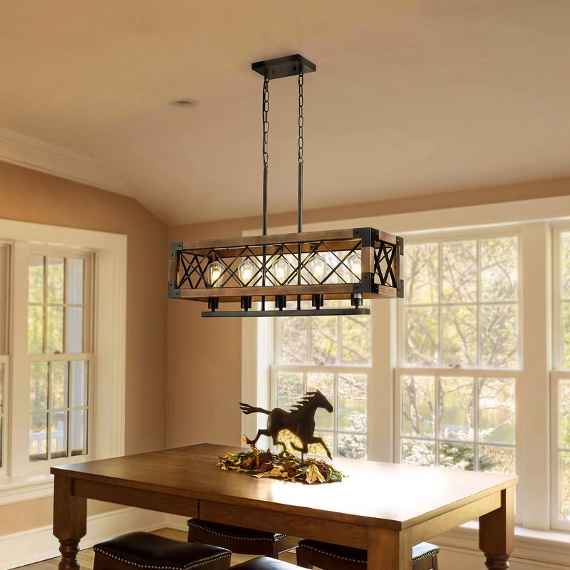Farmhouse Wood Chandelier for Kitchen Island Linear Industrial Dining Room Light Fixture