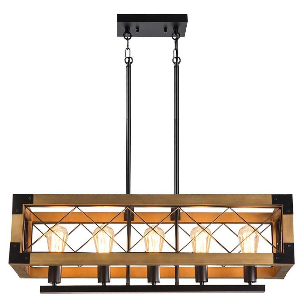 Farmhouse Wood Chandelier for Kitchen Island Linear Industrial Dining Room Light Fixture