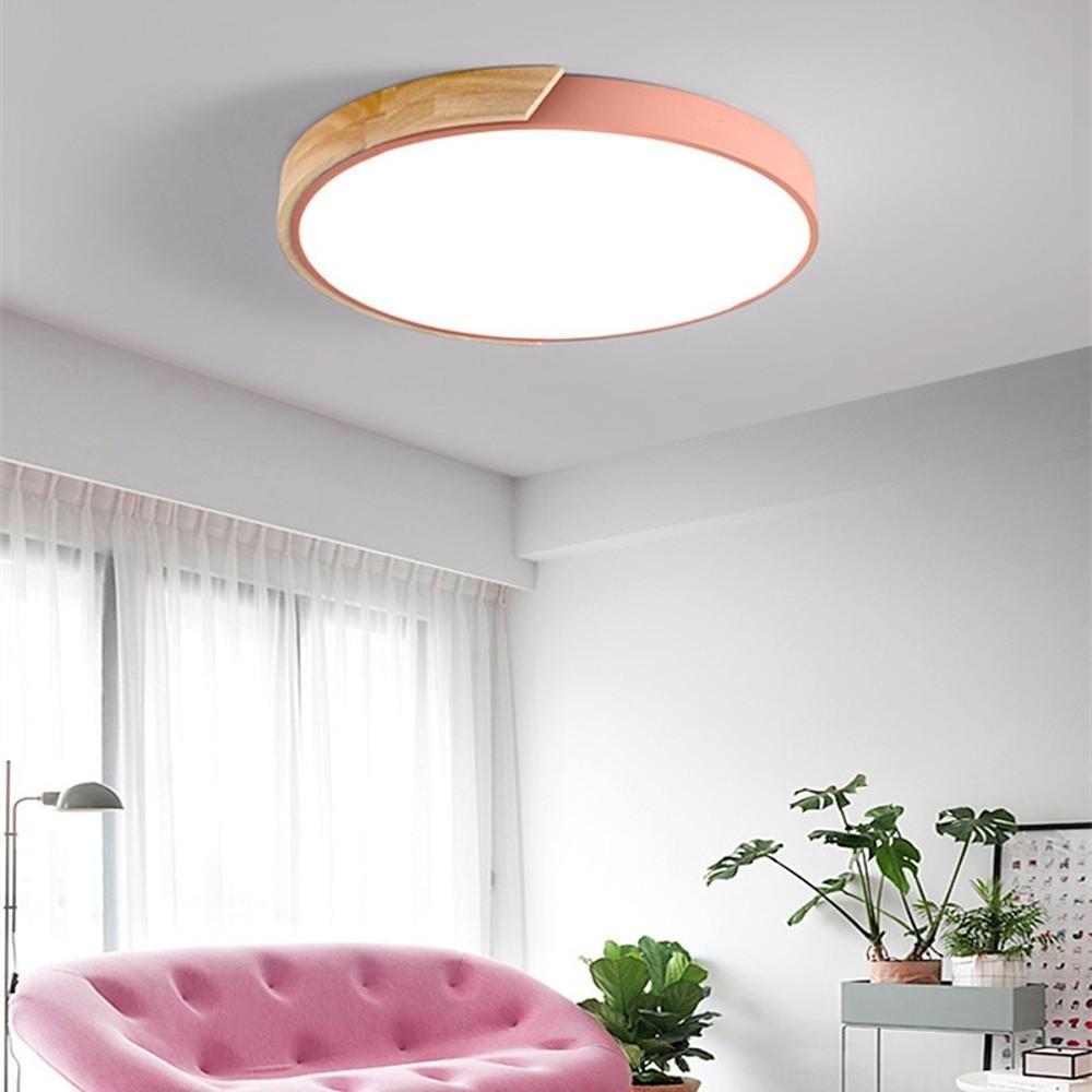 Modern Round LED Flush Mount Ceiling Light with Metal and Wood Style Accents for Living Room