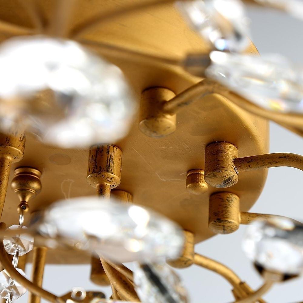 Vintage Crystal Leaf Flush Mount Ceiling Chandelier with Antique Brass Finish and Iron Glass Elements