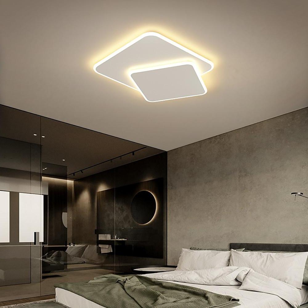 Modern White Square LED Flush Mount Ceiling Light Fixture for Bedroom and Living Room Geometric Two Tier Lighting