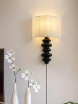 Fishbone Corrugated Solid Wood Plug In Wall Sconce Set of 2 with Linen Shade