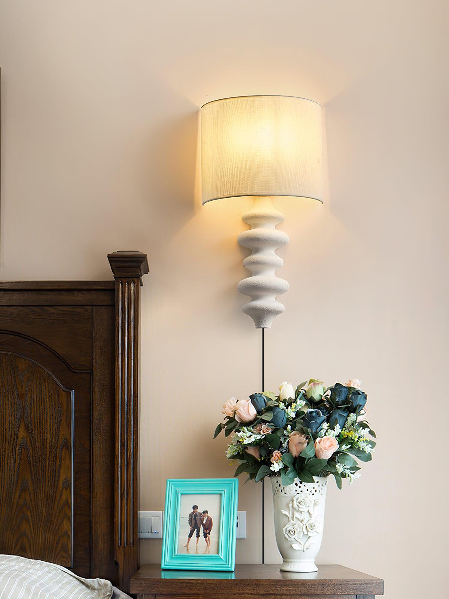 Fishbone Corrugated Solid Wood Plug In Wall Sconce Set of 2 with Linen Shade