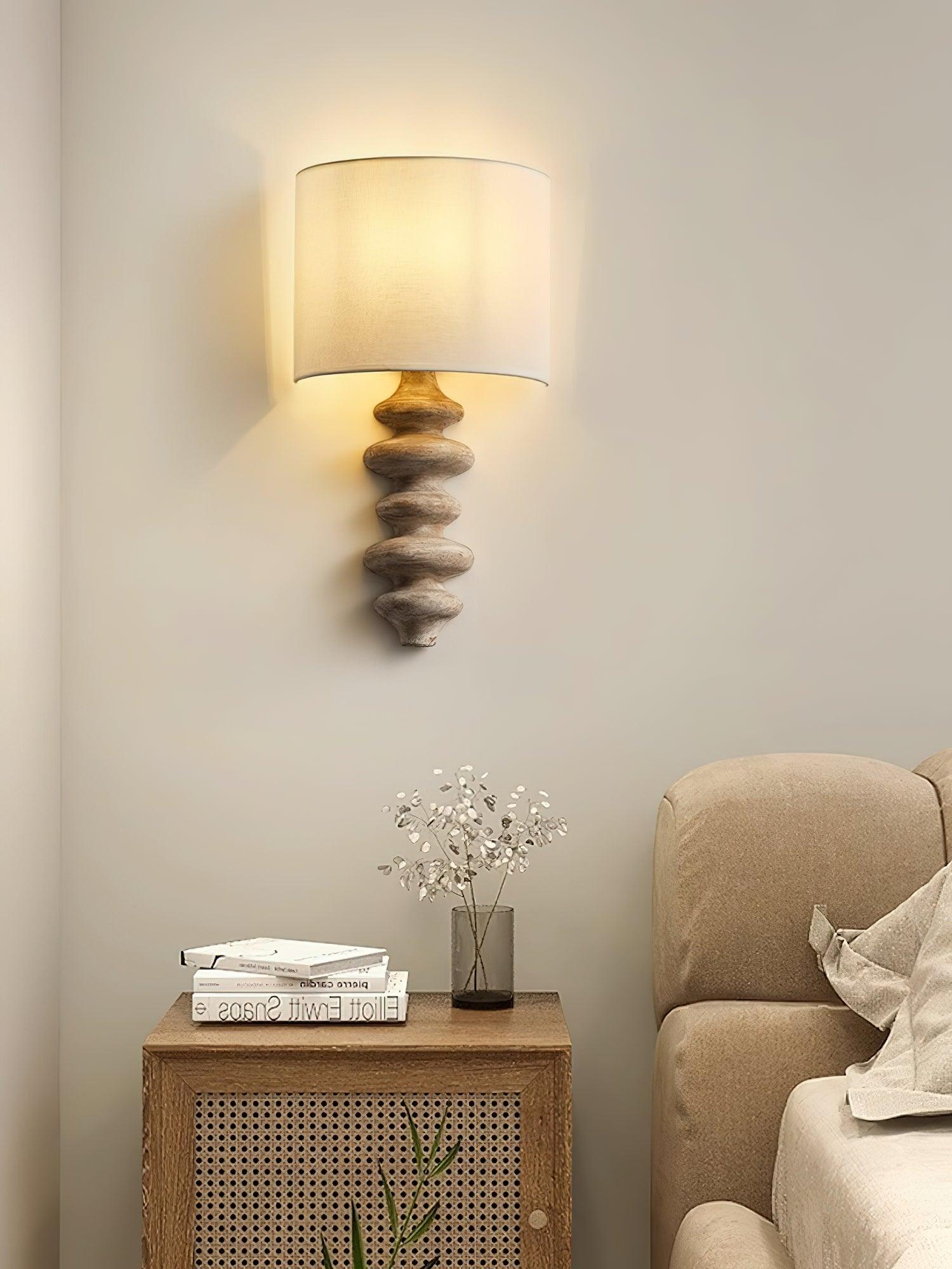 Fishbone Corrugated Solid Wood Plug In Wall Sconce Set of 2 with Linen Shade