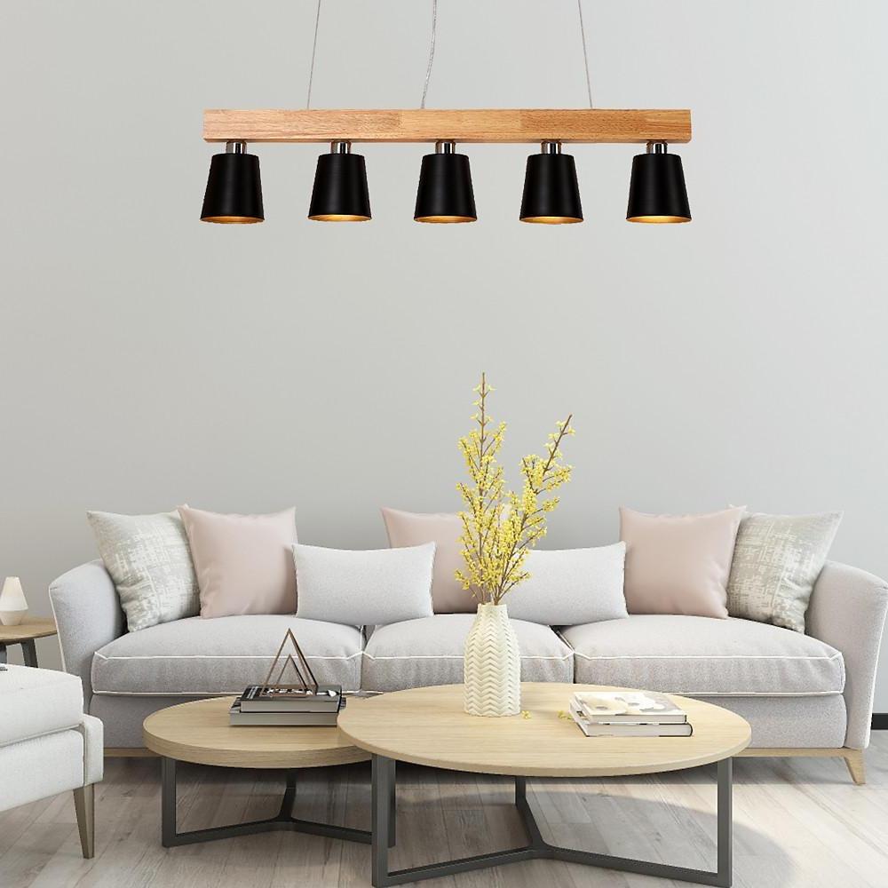 Five Light Linear Wood Chandelier for Kitchen Island and Rustic Modern Dining Room Lighting