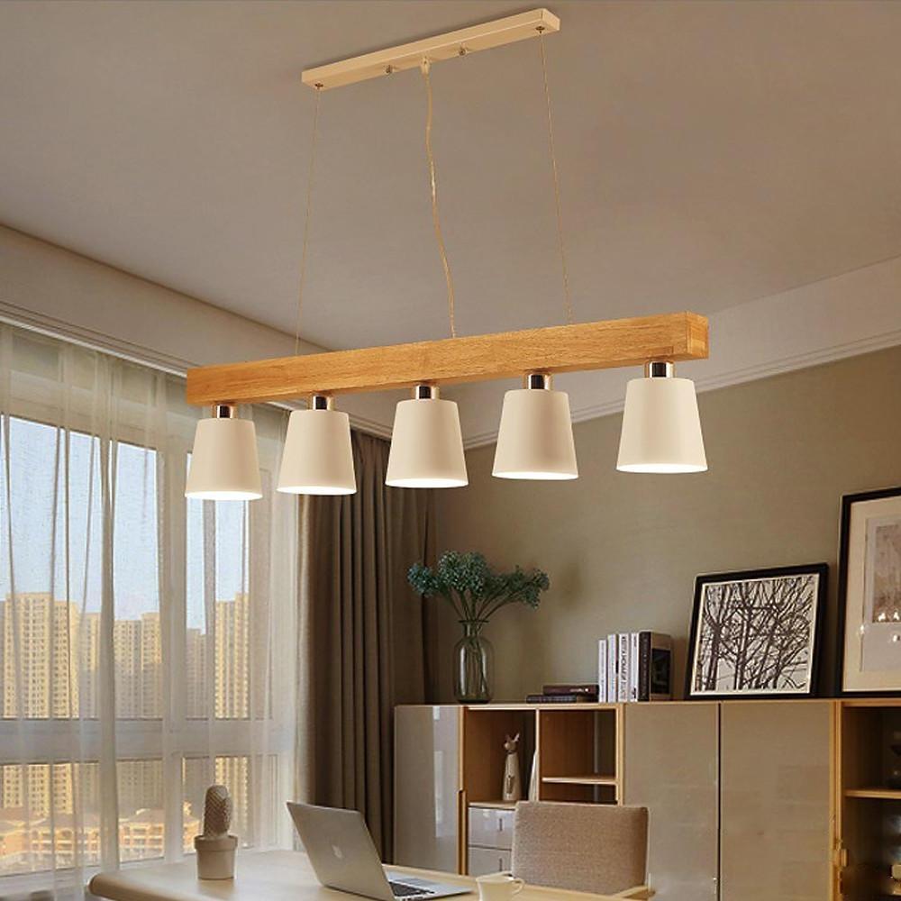 Five Light Linear Wood Chandelier for Kitchen Island and Rustic Modern Dining Room Lighting