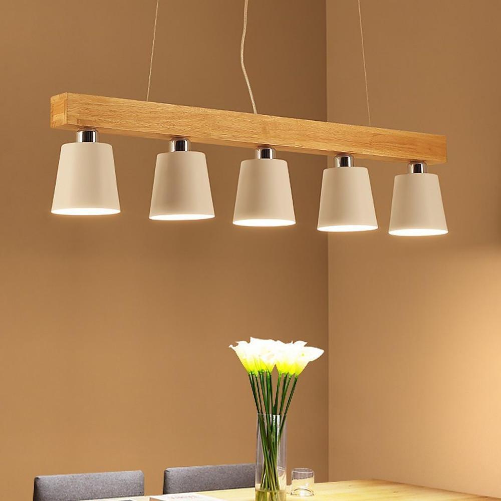 Five Light Linear Wood Chandelier for Kitchen Island and Rustic Modern Dining Room Lighting