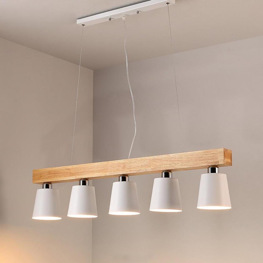 Five Light Linear Wood Chandelier for Kitchen Island and Rustic Modern Dining Room Lighting