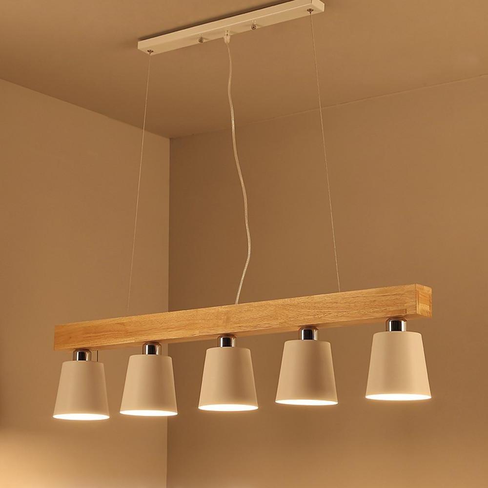 Five Light Linear Wood Chandelier for Kitchen Island and Rustic Modern Dining Room Lighting