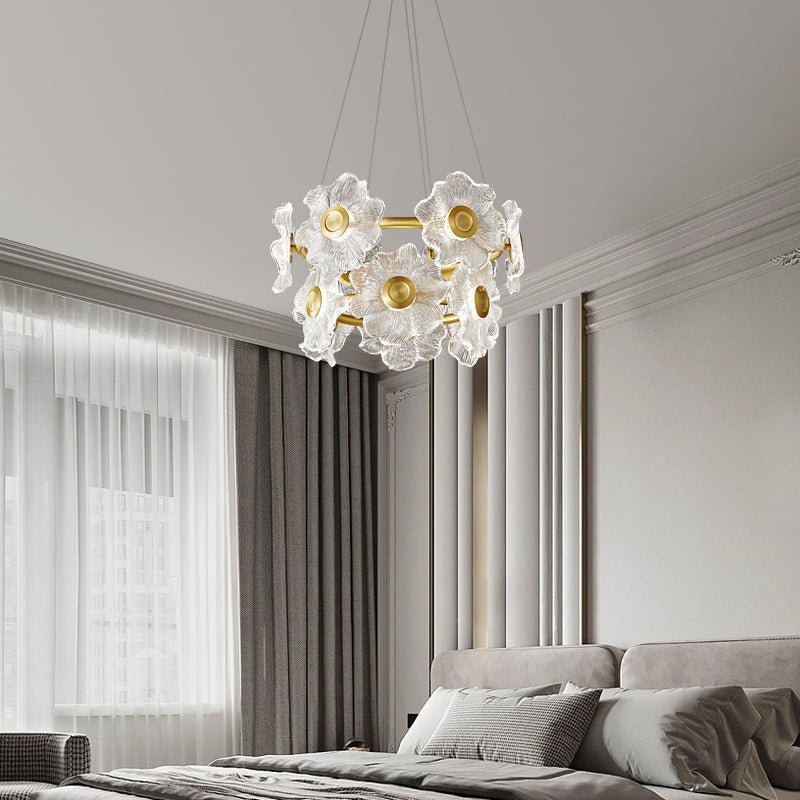 Flora Glass Petal Chandelier Modern Brass LED Pendant Light for Dining and Living Rooms
