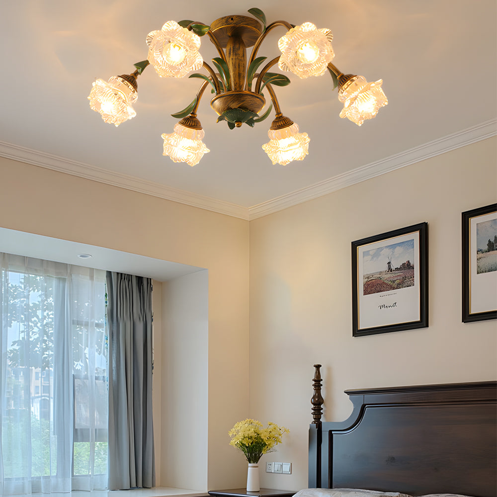 Floral American Pastoral Style Iron Ceiling Light with Glass Flower Shades and 3 Step Dimming