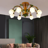 Floral American Pastoral Style Iron Ceiling Light with Glass Flower Shades and 3 Step Dimming