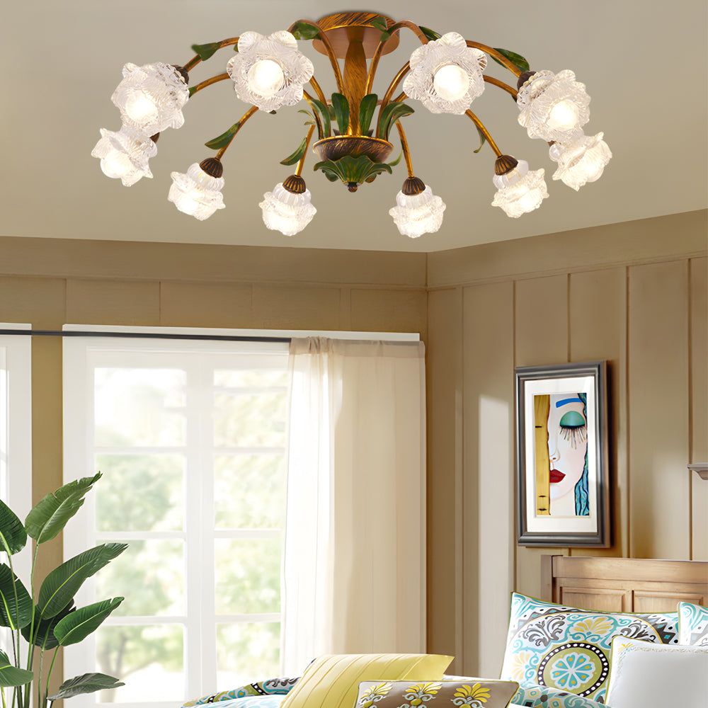 Floral American Pastoral Style Iron Ceiling Light with Glass Flower Shades and 3 Step Dimming