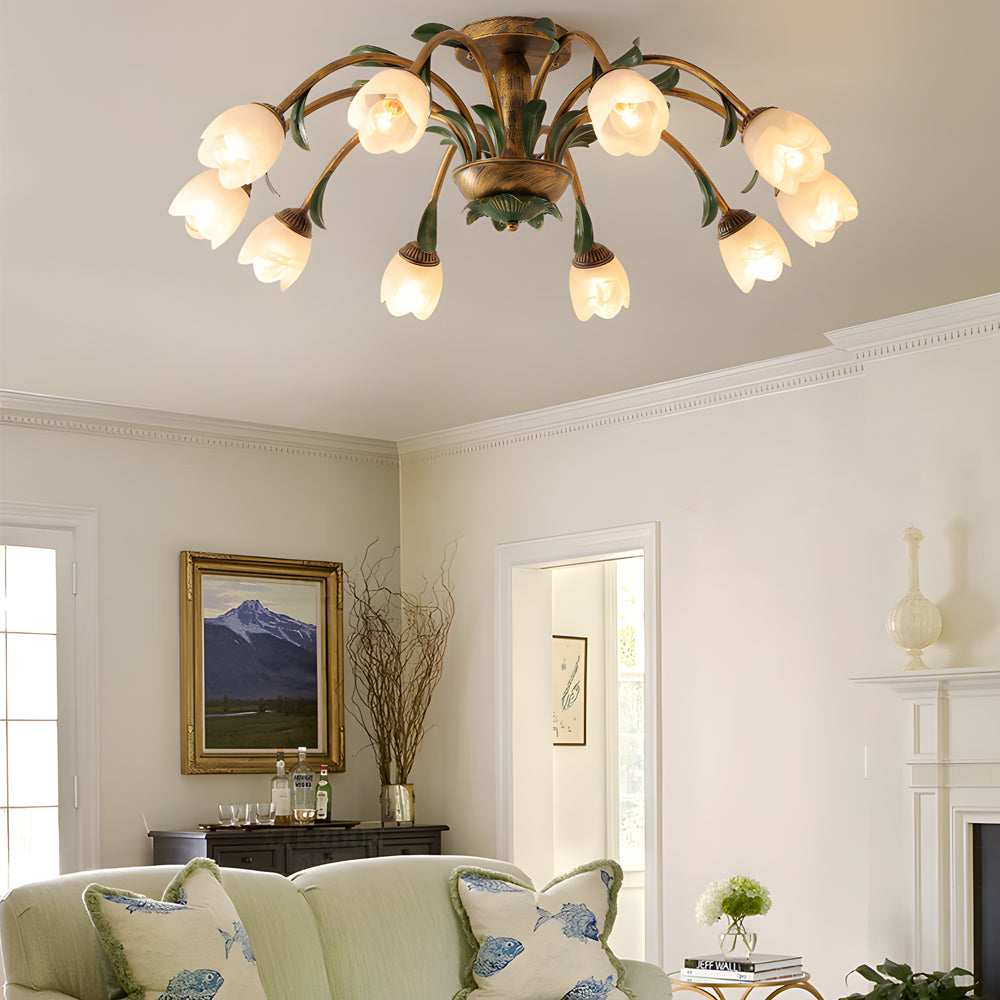 Floral American Pastoral Style Iron Ceiling Light with Glass Flower Shades and 3 Step Dimming