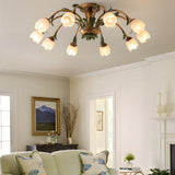Floral American Pastoral Style Iron Ceiling Light with Glass Flower Shades and 3 Step Dimming