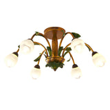 Floral American Pastoral Style Iron Ceiling Light with Glass Flower Shades and 3 Step Dimming