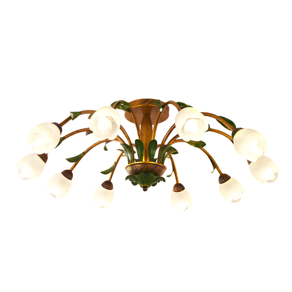 Floral American Pastoral Style Iron Ceiling Light with Glass Flower Shades and 3 Step Dimming