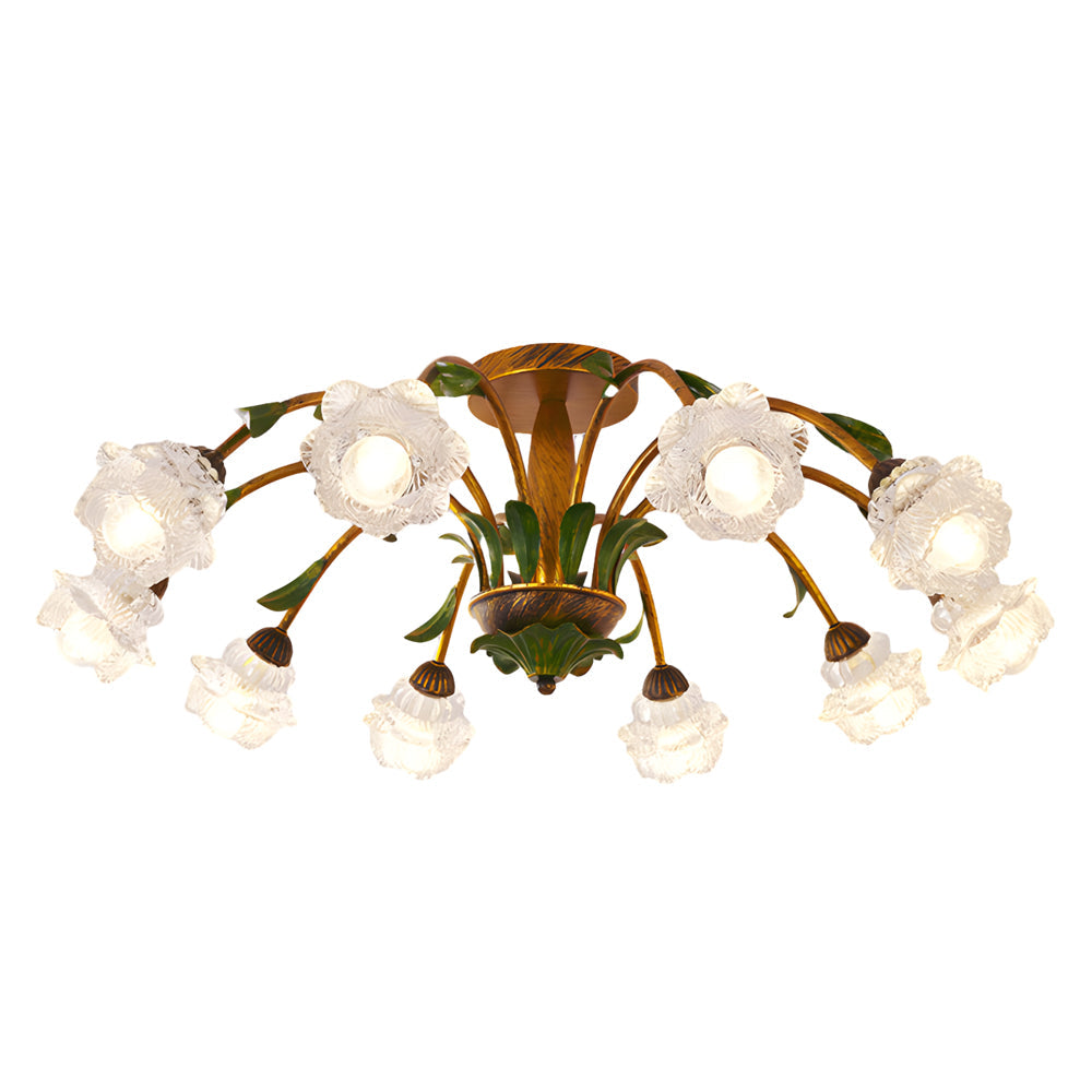Floral American Pastoral Style Iron Ceiling Light with Glass Flower Shades and 3 Step Dimming