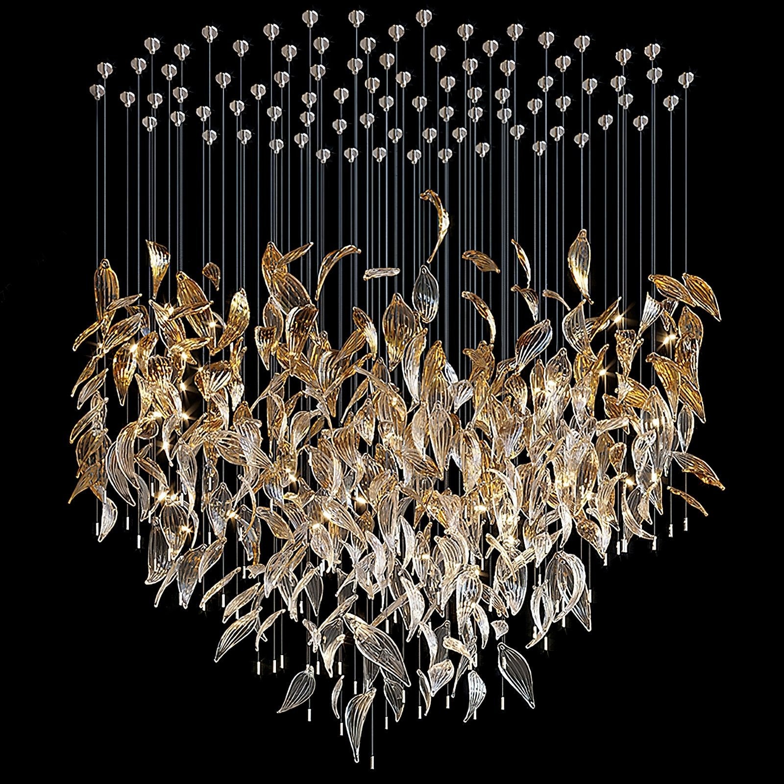 Fluttering Leaves Nature Inspired Large LED Chandelier with Amber Glass for Hotels and Living Rooms