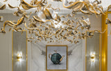 Fluttering Leaves Nature Inspired Large LED Chandelier with Amber Glass for Hotels and Living Rooms