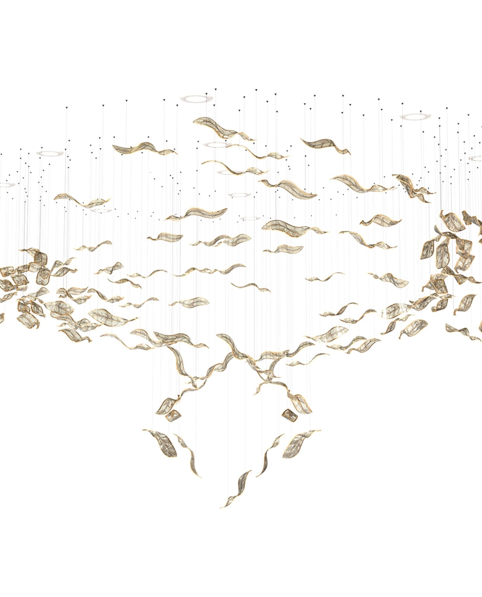 Fluttering Leaves Nature Inspired Large LED Chandelier with Amber Glass for Hotels and Living Rooms