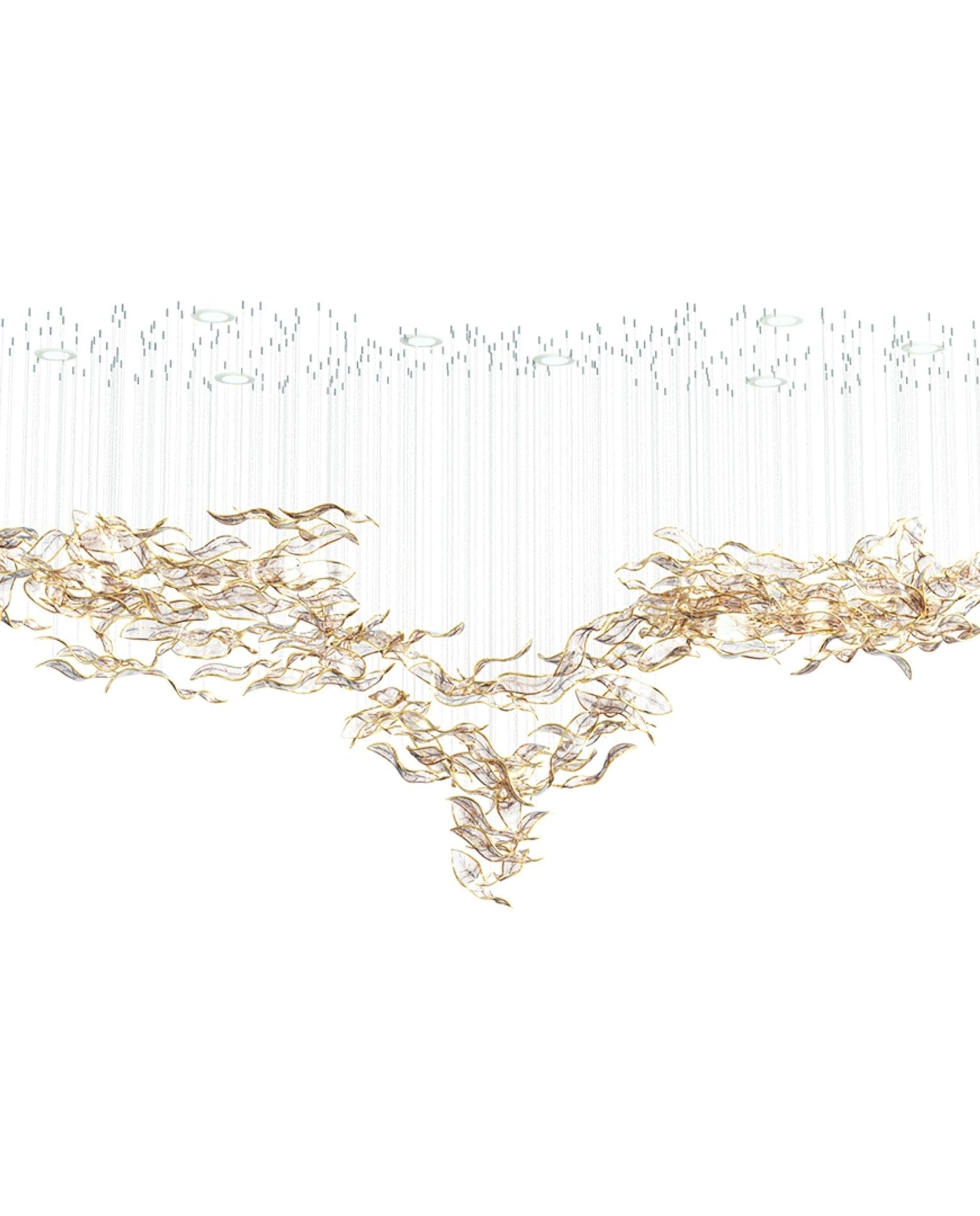 Fluttering Leaves Nature Inspired Large LED Chandelier with Amber Glass for Hotels and Living Rooms