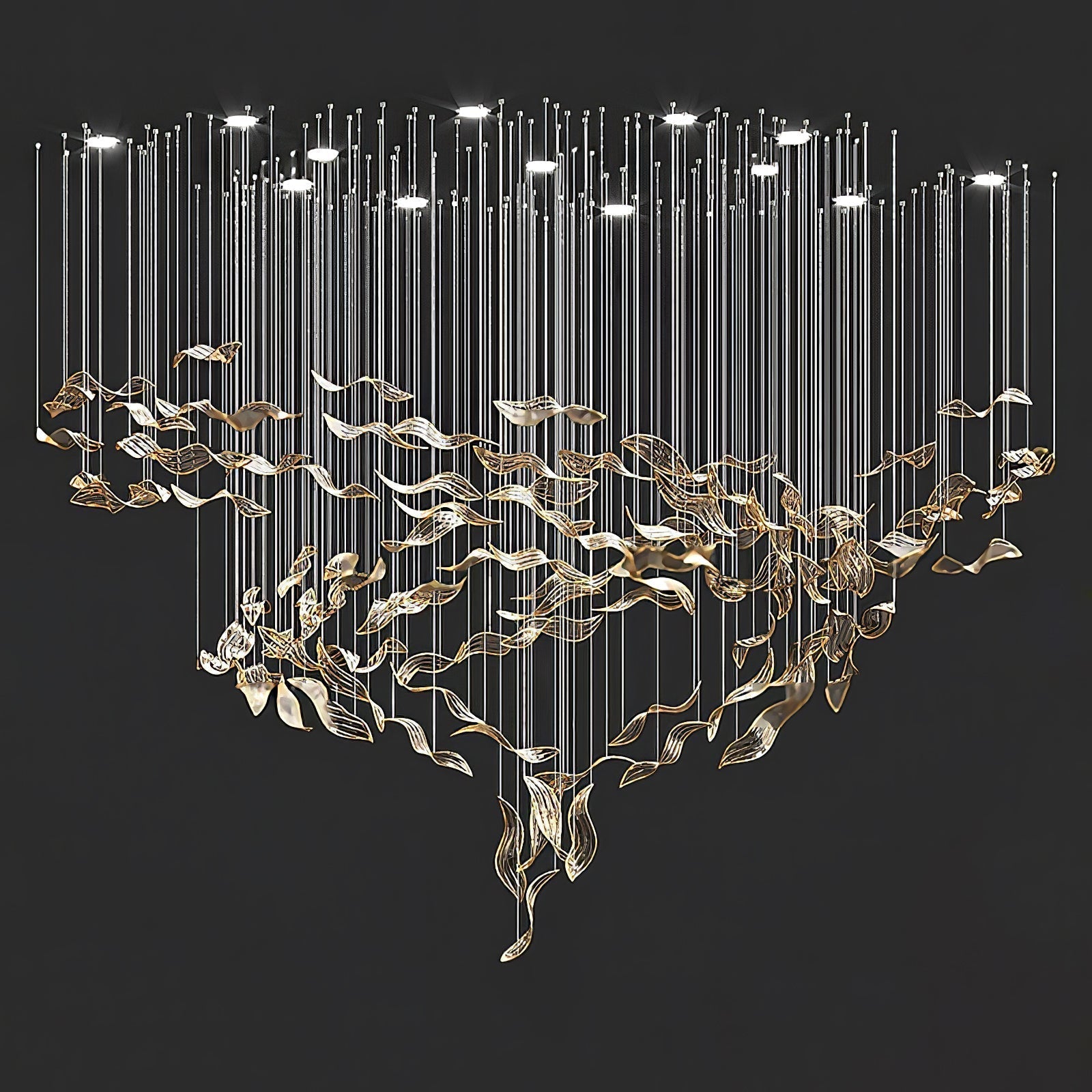 Fluttering Leaves Nature Inspired Large LED Chandelier with Amber Glass for Hotels and Living Rooms