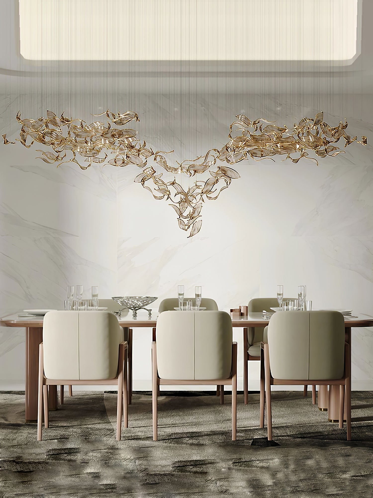 Fluttering Leaves Nature Inspired Large LED Chandelier with Amber Glass for Hotels and Living Rooms