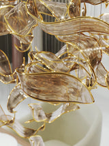 Fluttering Leaves Nature Inspired Large LED Chandelier with Amber Glass for Hotels and Living Rooms