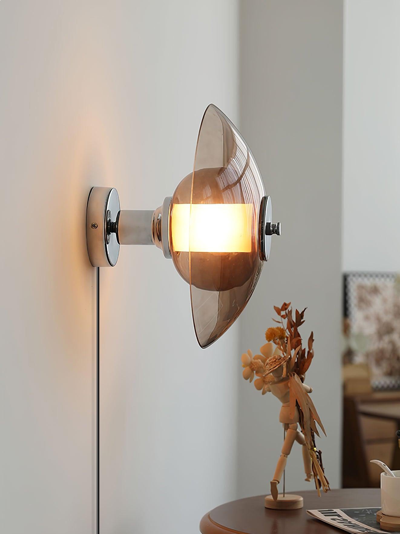 Flying Saucer Amber Glass Wall Sconce Modern Chrome Plug In Lighting